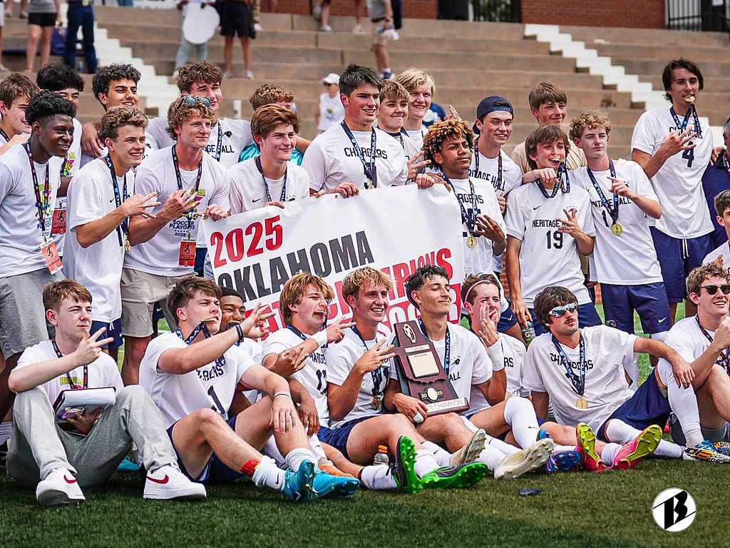 Heritage Hall team poses with its 2025 Oklahoma state championship banner and trophy